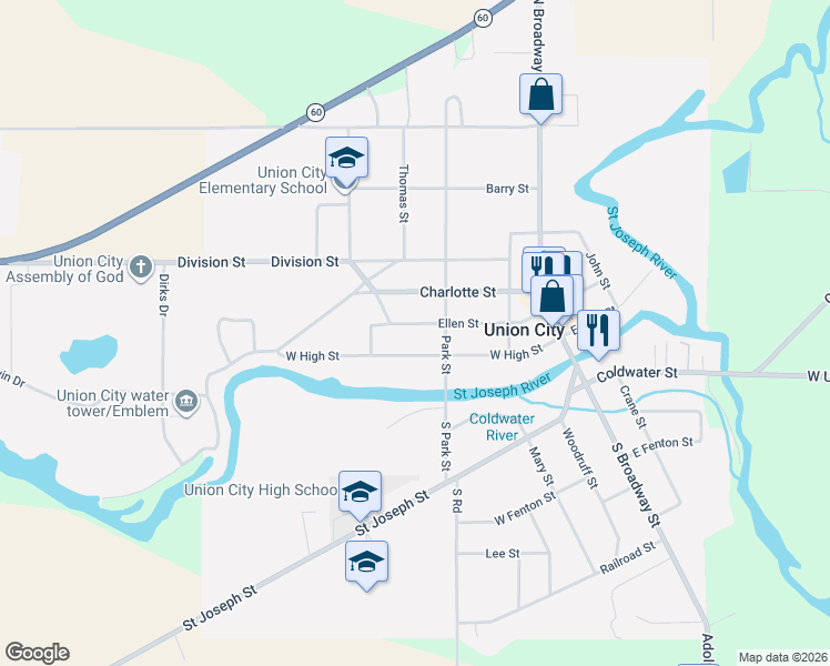 map of restaurants, bars, coffee shops, grocery stores, and more near 322 West High Street in Union City