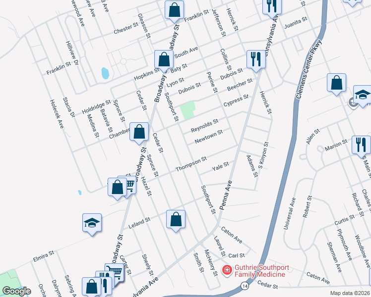 map of restaurants, bars, coffee shops, grocery stores, and more near 774 Southport Street in Elmira