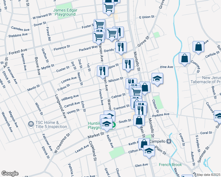 map of restaurants, bars, coffee shops, grocery stores, and more near 55 Calmar Street in Brockton
