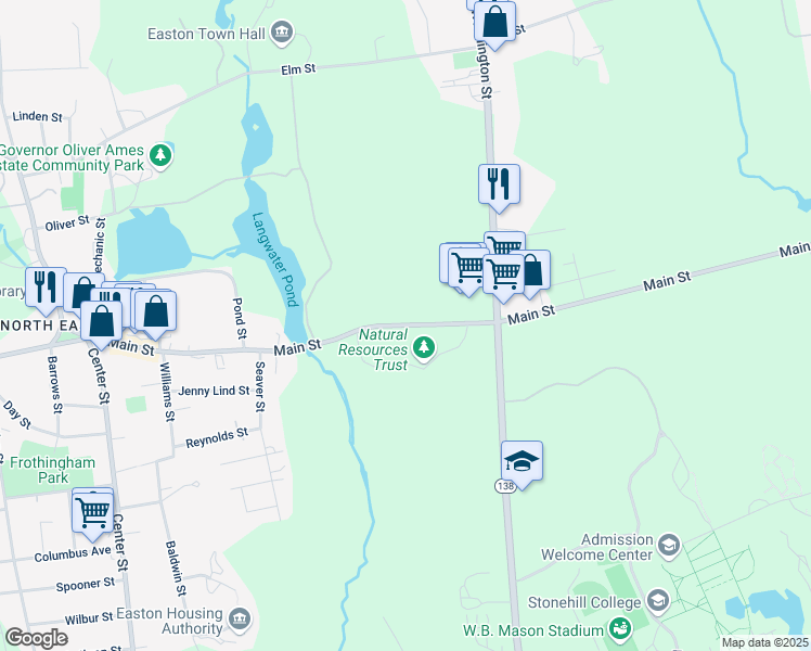 map of restaurants, bars, coffee shops, grocery stores, and more near 292 Main Street in Easton