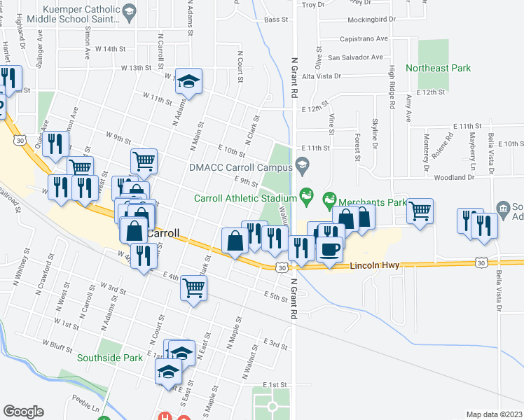 map of restaurants, bars, coffee shops, grocery stores, and more near 413 East 8th Street in Carroll
