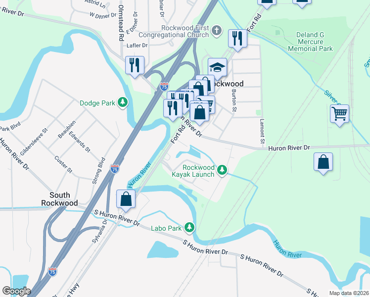 map of restaurants, bars, coffee shops, grocery stores, and more near 22211 William Street in Rockwood