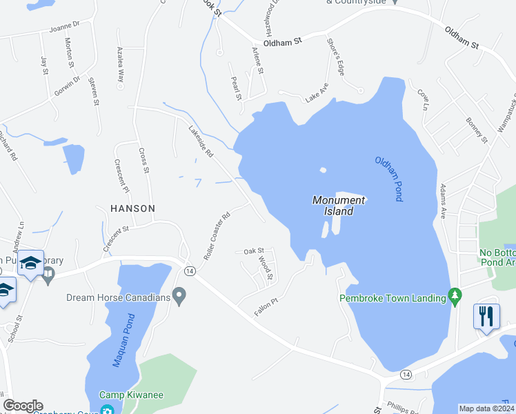 map of restaurants, bars, coffee shops, grocery stores, and more near 279 Lakeside Road in Hanson