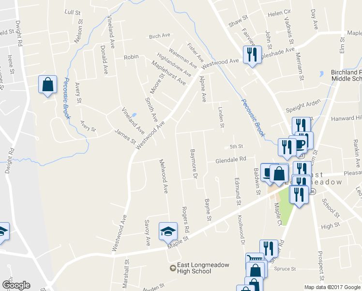 map of restaurants, bars, coffee shops, grocery stores, and more near 89 Rogers Road in East Longmeadow