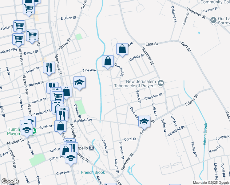 map of restaurants, bars, coffee shops, grocery stores, and more near 45 North Leyden Street in Brockton