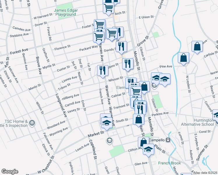 map of restaurants, bars, coffee shops, grocery stores, and more near 965 Warren Avenue in Brockton