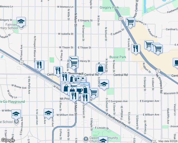 map of restaurants, bars, coffee shops, grocery stores, and more near 2 South Maple Street in Mount Prospect
