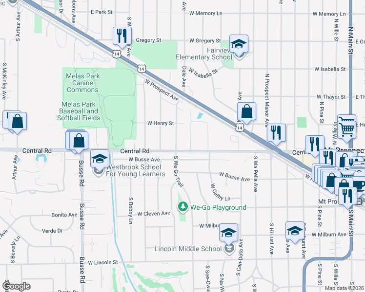 map of restaurants, bars, coffee shops, grocery stores, and more near 912 Whitegate Drive in Mount Prospect