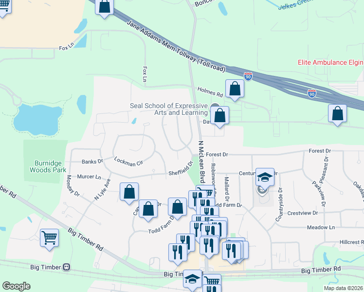 map of restaurants, bars, coffee shops, grocery stores, and more near 1338 Sheffield Drive in Elgin