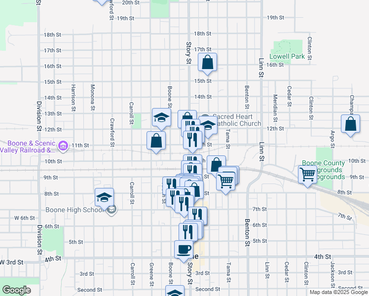 map of restaurants, bars, coffee shops, grocery stores, and more near 1001 10th Street in Boone