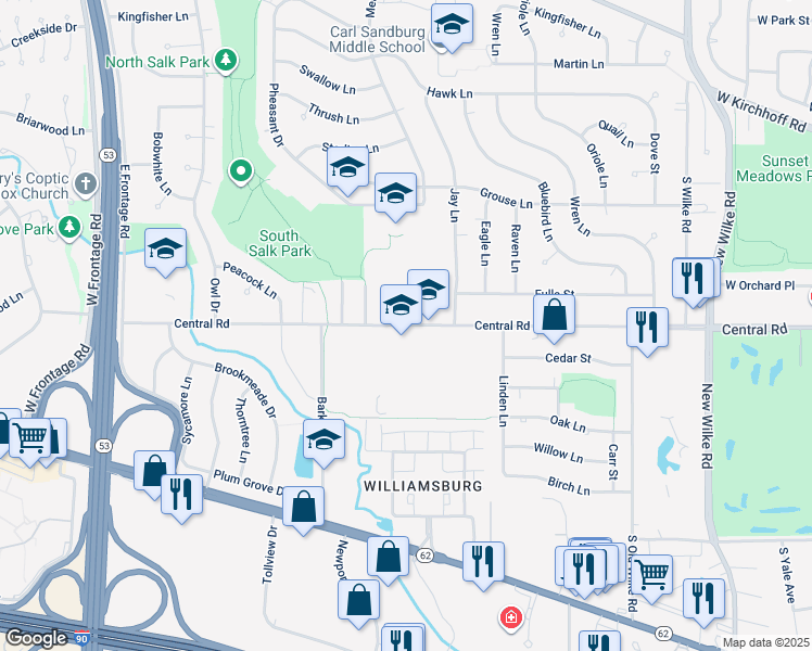 map of restaurants, bars, coffee shops, grocery stores, and more near 2901 Central Road in Rolling Meadows