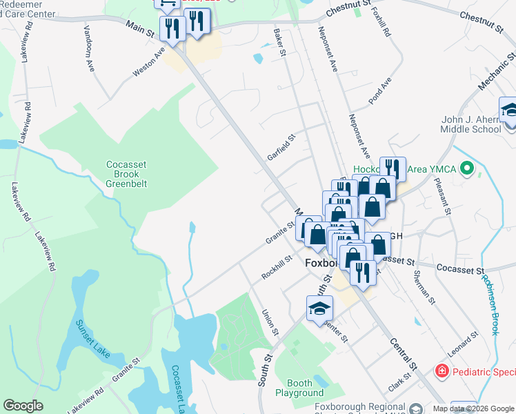 map of restaurants, bars, coffee shops, grocery stores, and more near 21 Gilmore Street in Foxborough