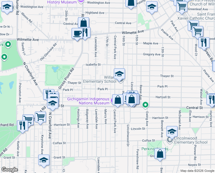 map of restaurants, bars, coffee shops, grocery stores, and more near 3012 Park Place in Evanston