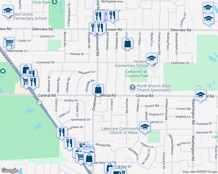 map of restaurants, bars, coffee shops, grocery stores, and more near 602 Glenshire Road in Glenview