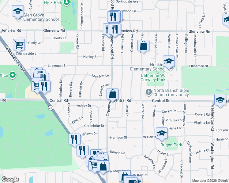 map of restaurants, bars, coffee shops, grocery stores, and more near 602 Greenwood Road in Glenview