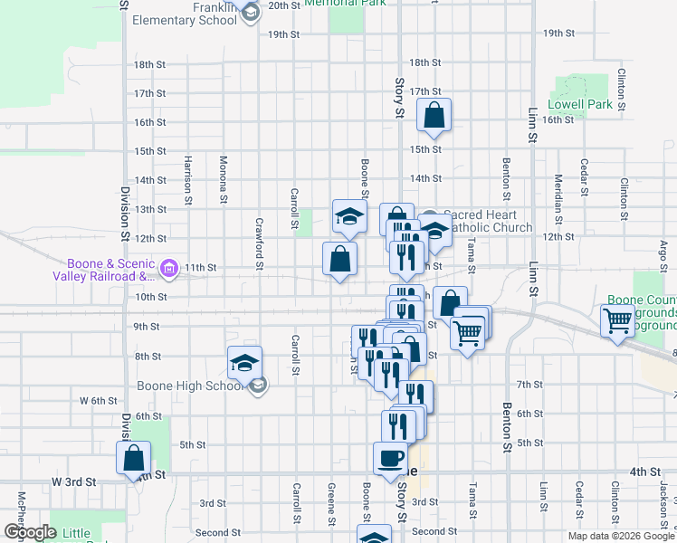 map of restaurants, bars, coffee shops, grocery stores, and more near 631 10th Street in Boone