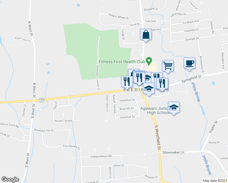 map of restaurants, bars, coffee shops, grocery stores, and more near 74 Southwick St in Agawam