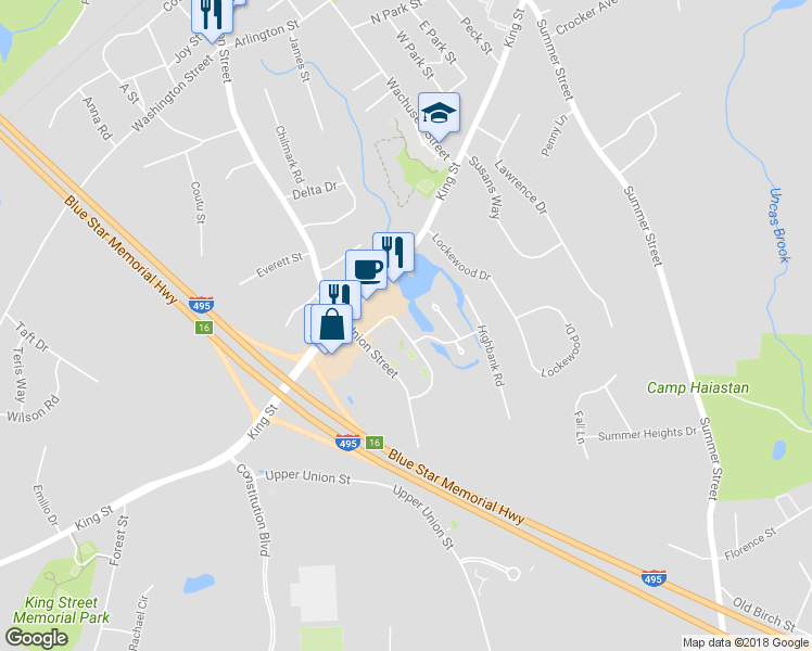 map of restaurants, bars, coffee shops, grocery stores, and more near 10 Spruce Pond Road in Franklin