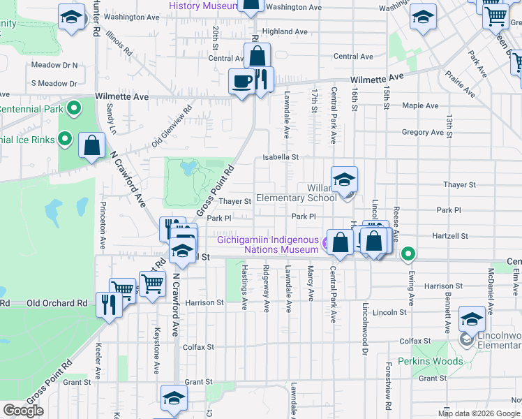 map of restaurants, bars, coffee shops, grocery stores, and more near 3120 Thayer Street in Evanston