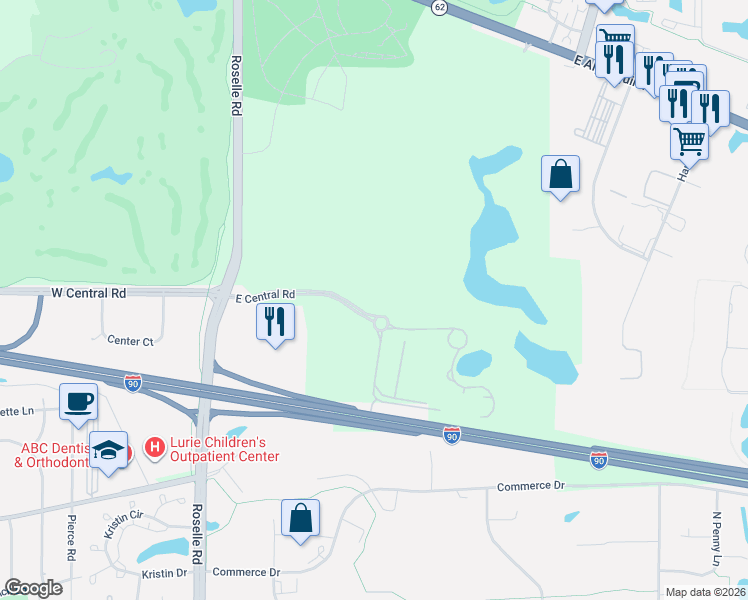 map of restaurants, bars, coffee shops, grocery stores, and more near 405 West Central Road in Arlington Heights