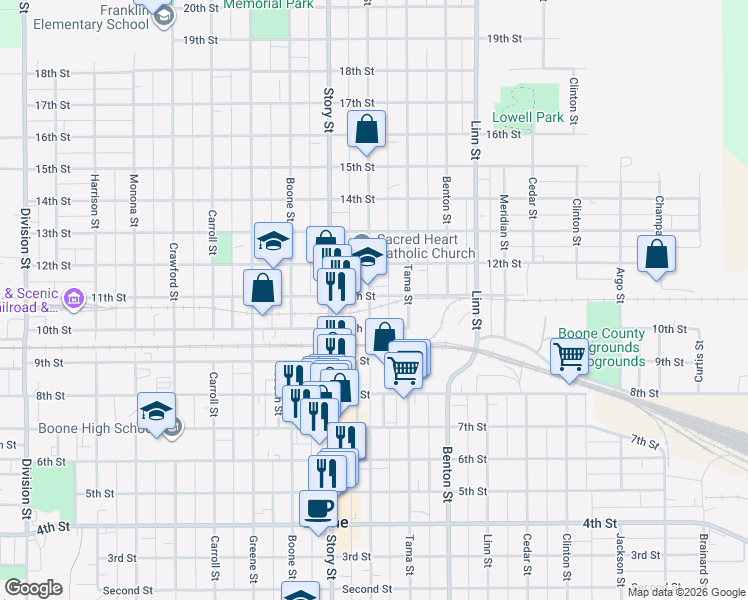 map of restaurants, bars, coffee shops, grocery stores, and more near 1052 Marshall Street in Boone
