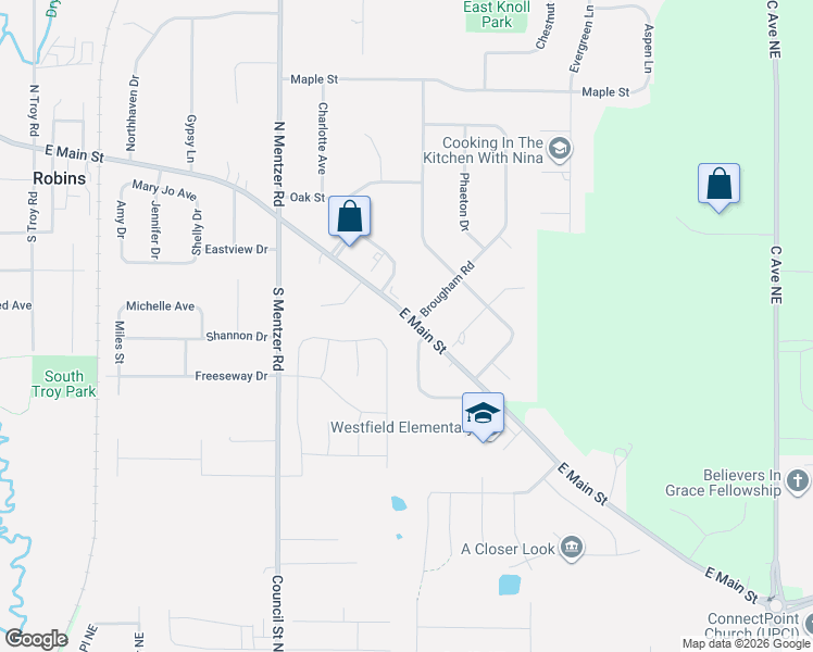 map of restaurants, bars, coffee shops, grocery stores, and more near 105 Brougham Road in Robins