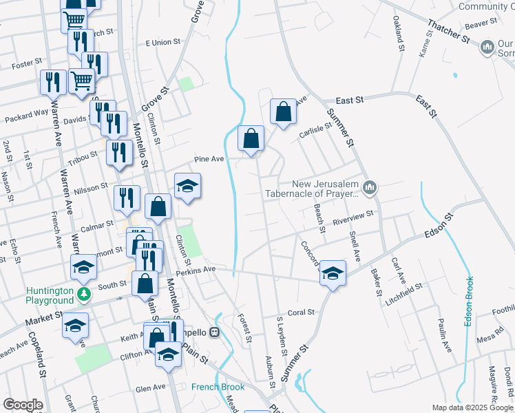 map of restaurants, bars, coffee shops, grocery stores, and more near 72 North Leyden Street in Brockton