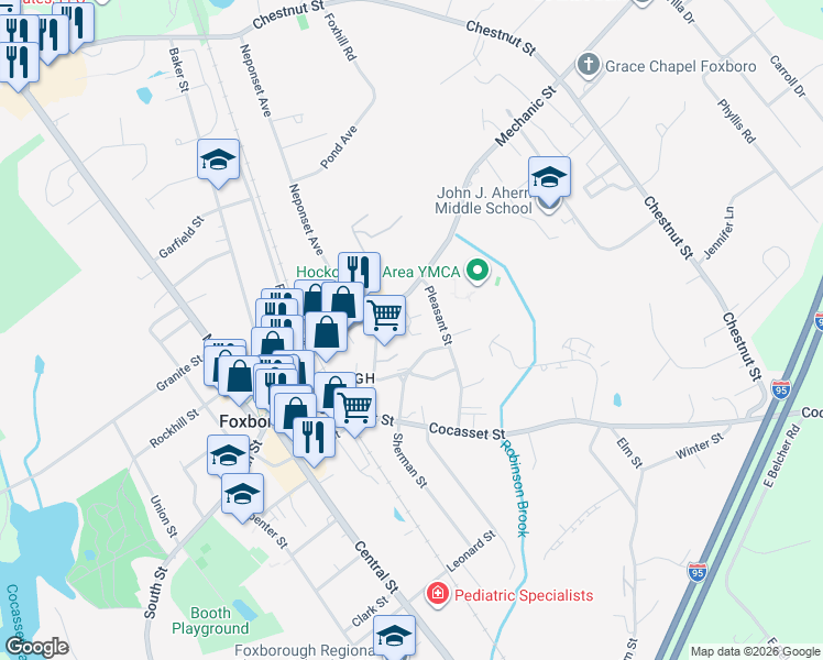 map of restaurants, bars, coffee shops, grocery stores, and more near 49 Mechanic Street in Foxborough