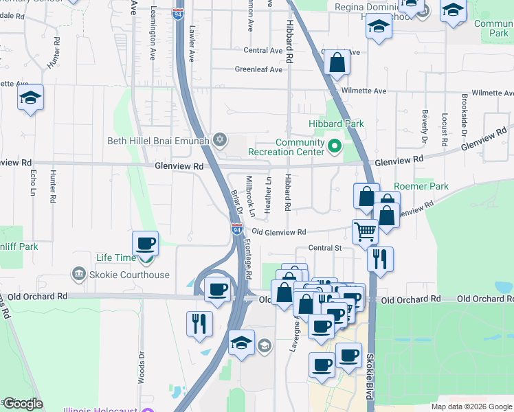 map of restaurants, bars, coffee shops, grocery stores, and more near 215 Millbrook Lane in Wilmette