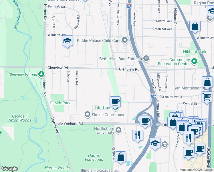 map of restaurants, bars, coffee shops, grocery stores, and more near 714 Laramie Avenue in Glenview
