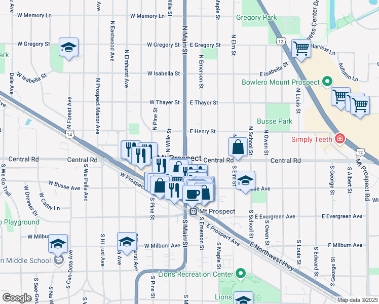map of restaurants, bars, coffee shops, grocery stores, and more near 18 North Emerson Street in Mount Prospect