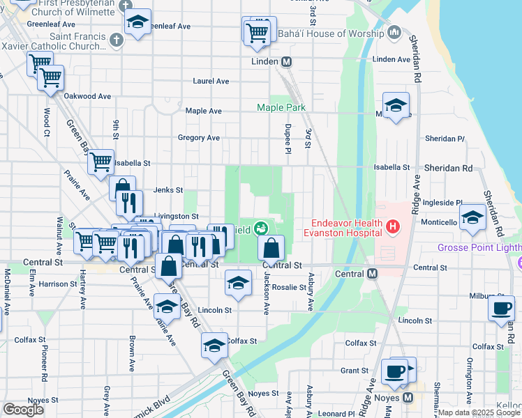 map of restaurants, bars, coffee shops, grocery stores, and more near 2705 Ashland Avenue in Evanston