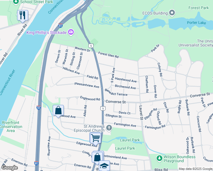map of restaurants, bars, coffee shops, grocery stores, and more near 123 Longmeadow Street in Longmeadow