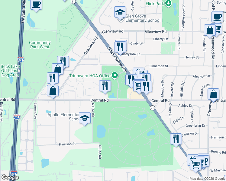 map of restaurants, bars, coffee shops, grocery stores, and more near 701 Forum Square in Glenview