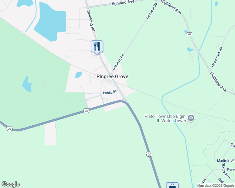 map of restaurants, bars, coffee shops, grocery stores, and more near 14N026 Reinking Road in Pingree Grove