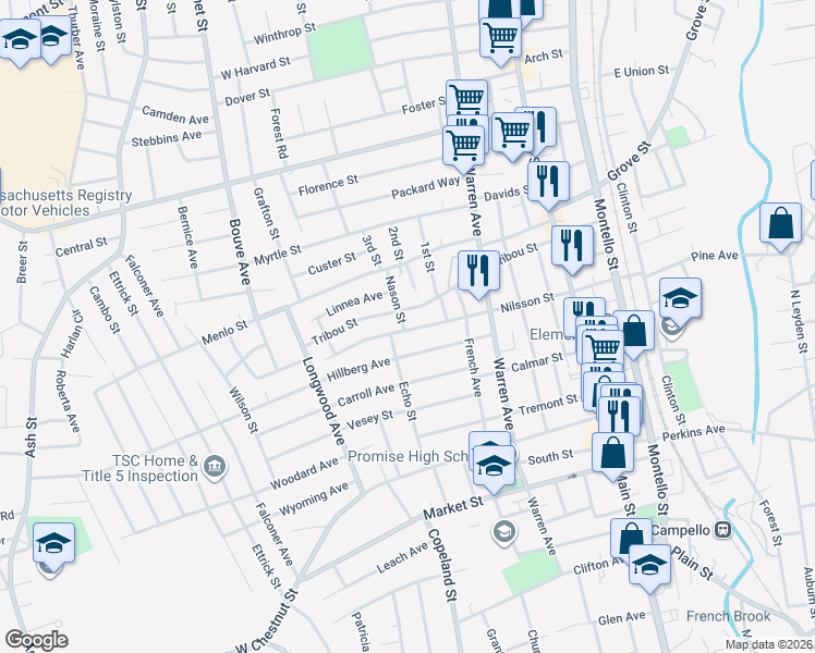 map of restaurants, bars, coffee shops, grocery stores, and more near 139 Tribou Street in Brockton