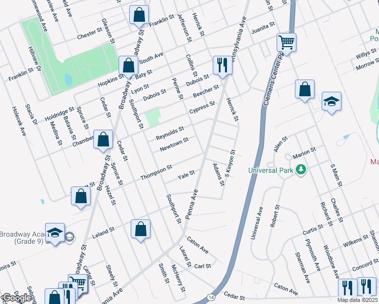 map of restaurants, bars, coffee shops, grocery stores, and more near 625 Newtown St in Elmira