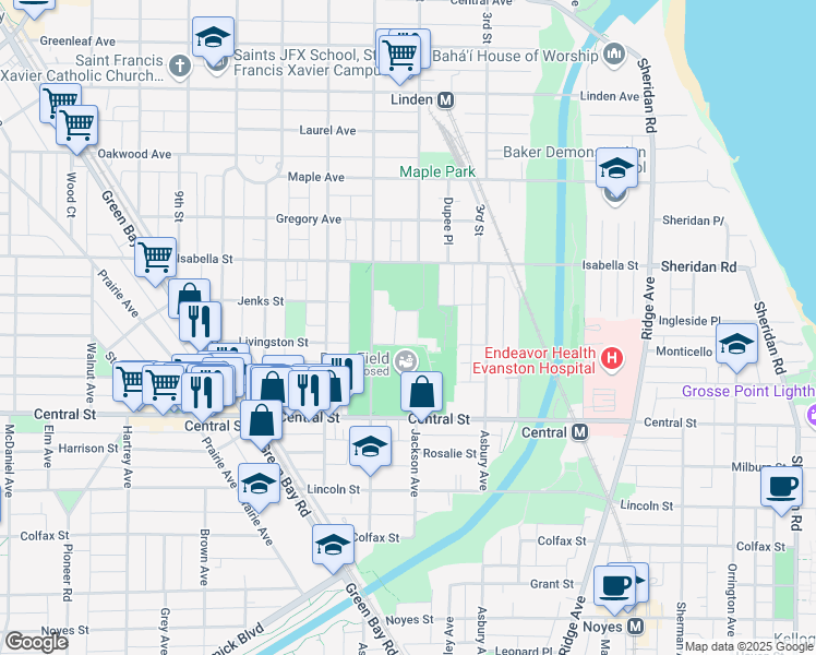 map of restaurants, bars, coffee shops, grocery stores, and more near 2705 Ashland Ave in Evanston
