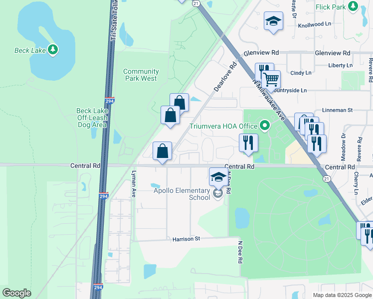 map of restaurants, bars, coffee shops, grocery stores, and more near in Glenview