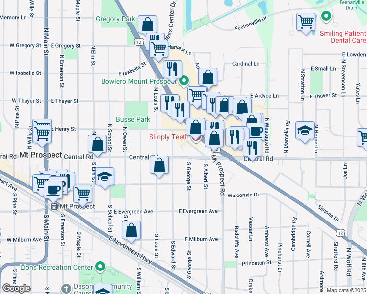 map of restaurants, bars, coffee shops, grocery stores, and more near 11 North Edward Street in Mount Prospect