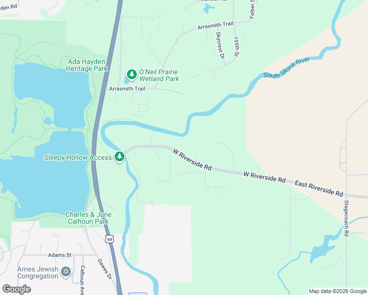 map of restaurants, bars, coffee shops, grocery stores, and more near 413 West Riverside Road in Ames