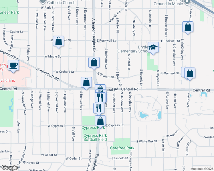 map of restaurants, bars, coffee shops, grocery stores, and more near 411 East Orchard Street in Arlington Heights
