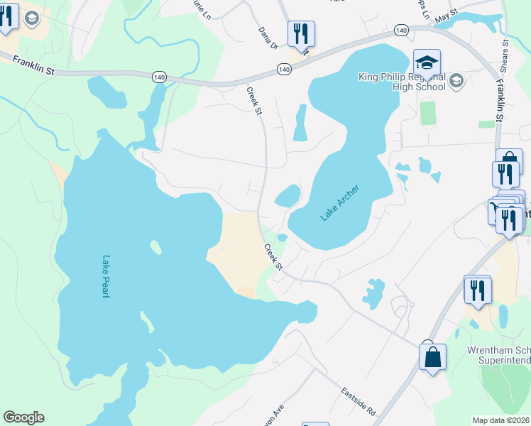 map of restaurants, bars, coffee shops, grocery stores, and more near 296 Creek Street in Wrentham