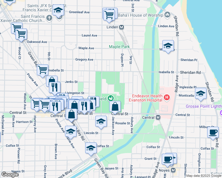 map of restaurants, bars, coffee shops, grocery stores, and more near 2705 Ashland Avenue in Evanston