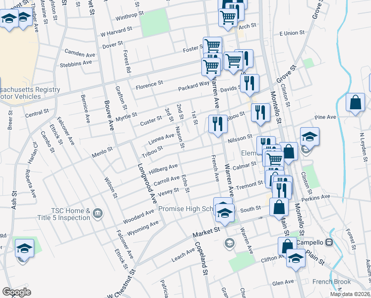 map of restaurants, bars, coffee shops, grocery stores, and more near 139 Tribou Street in Brockton