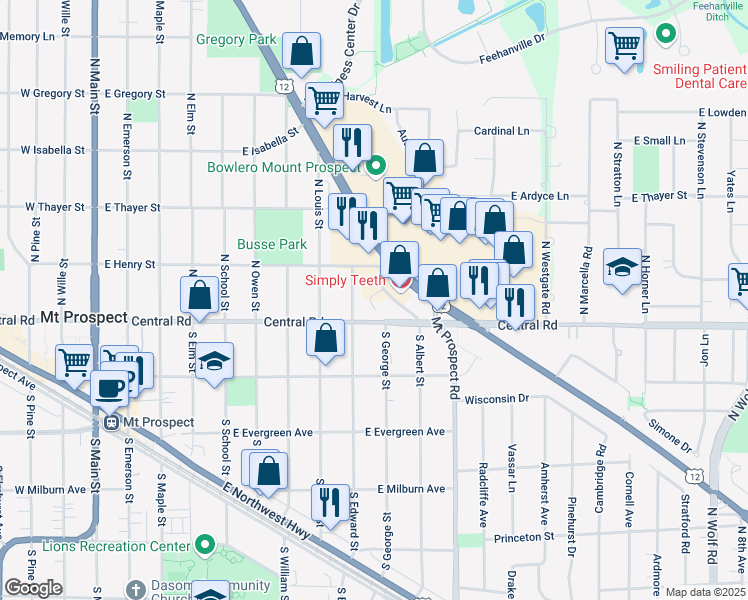 map of restaurants, bars, coffee shops, grocery stores, and more near 11 North Edward Street in Mount Prospect