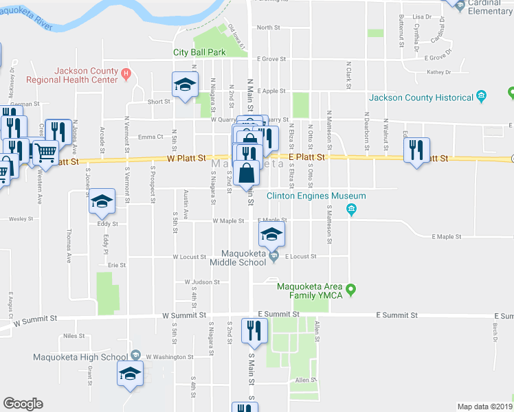 map of restaurants, bars, coffee shops, grocery stores, and more near 227 South Main Street in Maquoketa