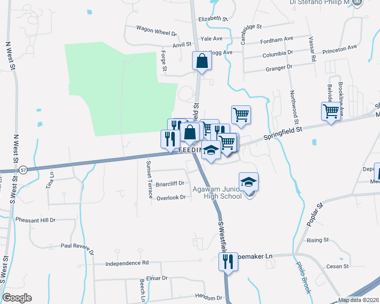 map of restaurants, bars, coffee shops, grocery stores, and more near 5 Southwick Street in Agawam