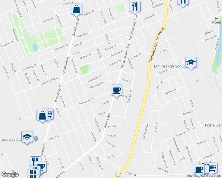 map of restaurants, bars, coffee shops, grocery stores, and more near 552 Thompson Street in Elmira