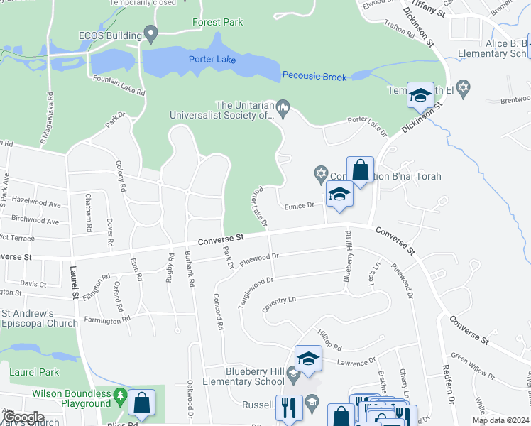 map of restaurants, bars, coffee shops, grocery stores, and more near 27 Porter Lake Drive in Longmeadow